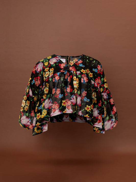 RUFFLED CHIFFON BLOUSE - BLOSSOMS BLACK