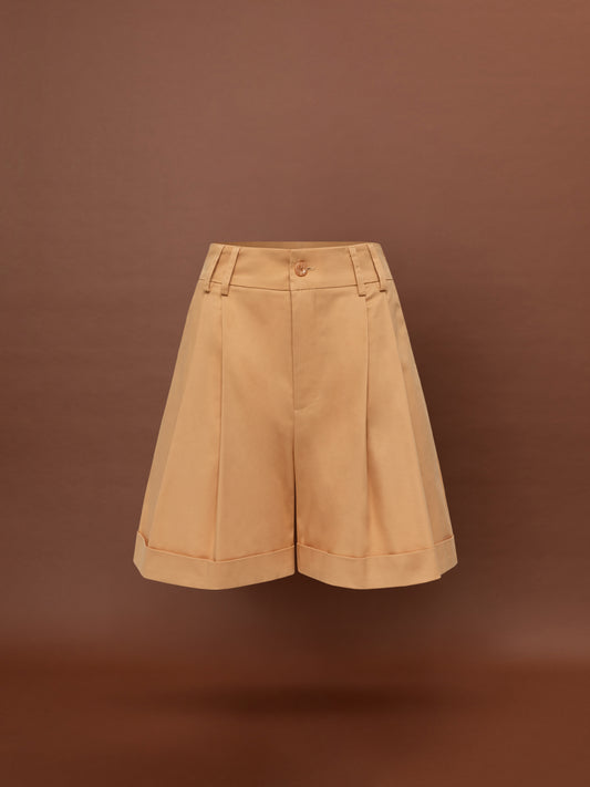 PLEATED POPLIN SHORTS - BEIGE