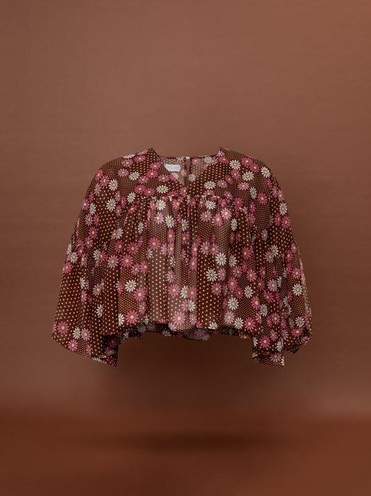 RUFFLED CHIFFON BLOUSE - DAISIES CHOCO