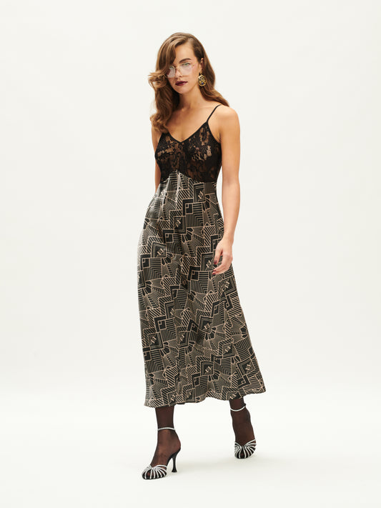 LACE-BUST SATIN MAXI SLIP DRESS GATSBY BLACK
