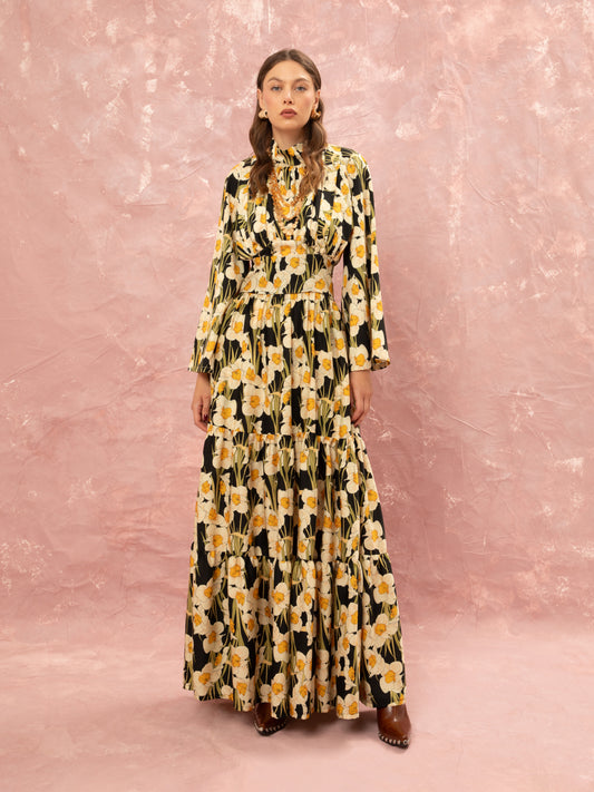 TIERED MAXI SUSPENDER SKIRT - NARCISSUS BLACK