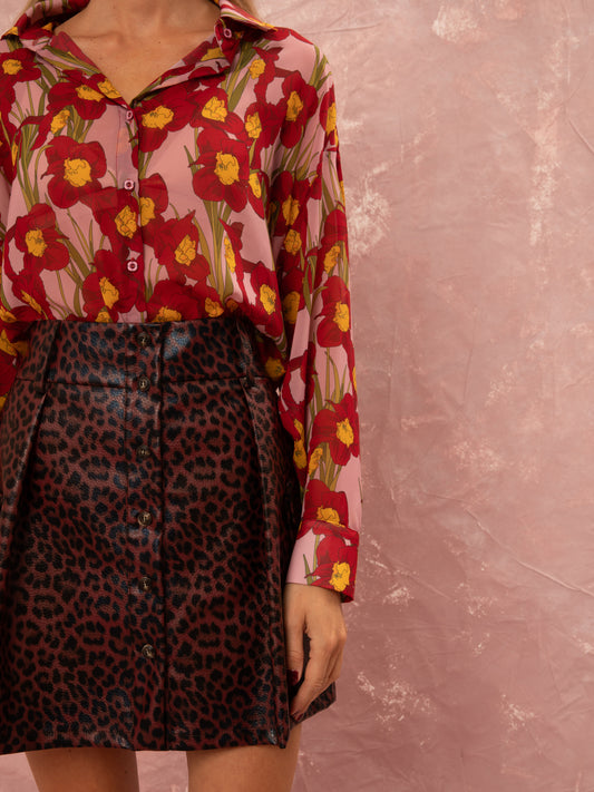 LEOPARD VEGAN-LEATHER MINI SKIRT - BURGUNDY