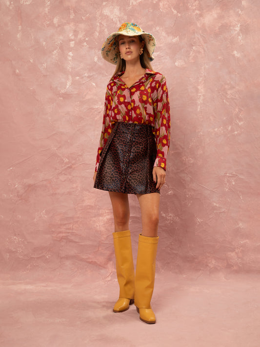 LEOPARD VEGAN-LEATHER MINI SKIRT - BURGUNDY