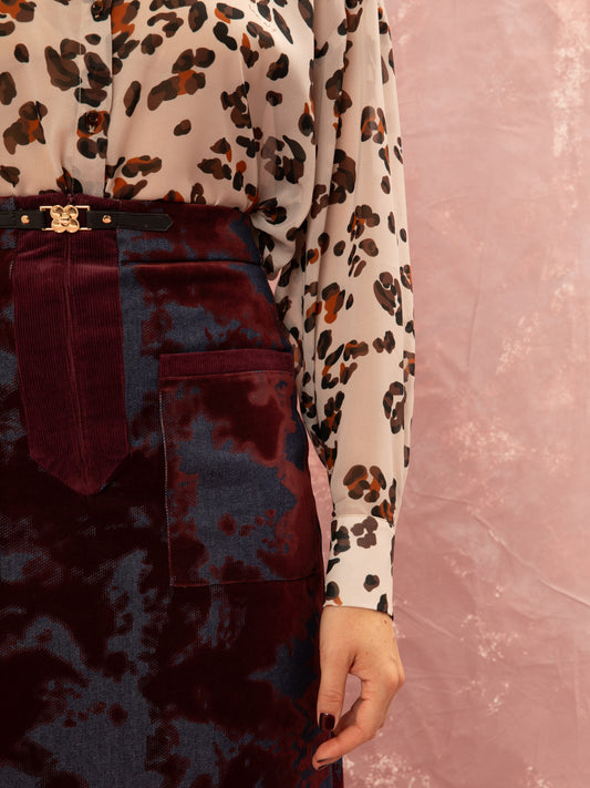 DENIM/VELVET STRAIGHT MIDI SKIRT - BURGUNDY