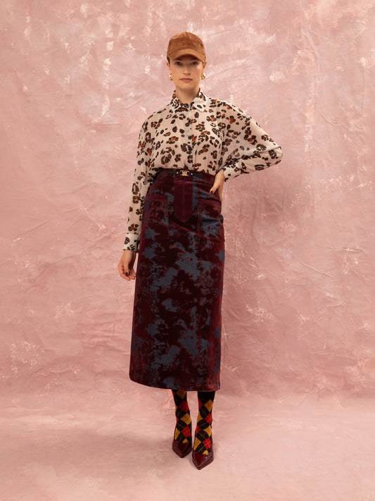 DENIM/VELVET STRAIGHT MIDI SKIRT - BURGUNDY