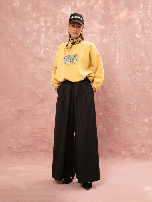 WIDE LEG PLEATED PANTS - BLACK