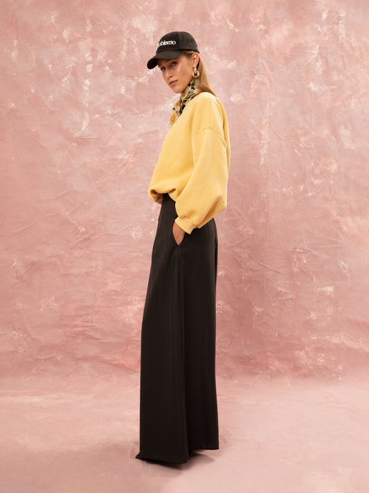 WIDE LEG PLEATED PANTS - BLACK