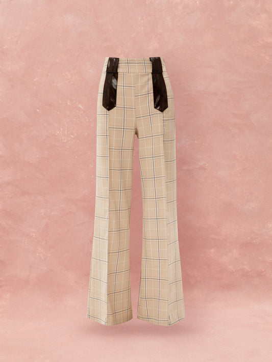 CHECKED STRAIGHT PANTS - BEIGE