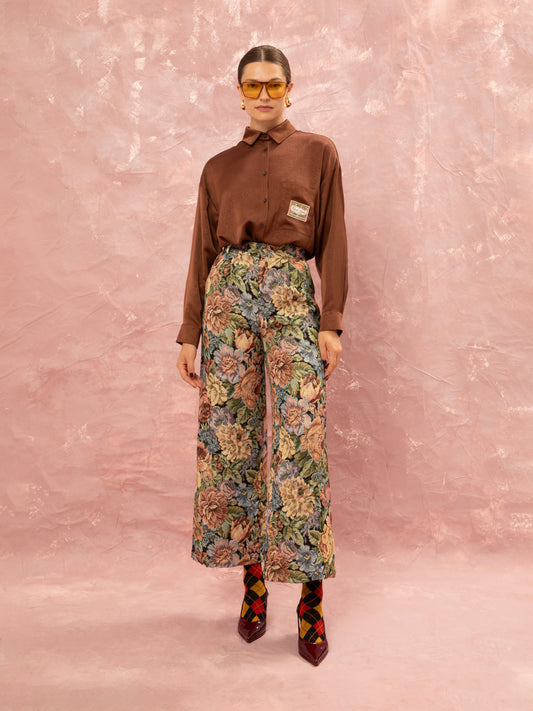 FLORAL JACQUARD PLEATED PANTS