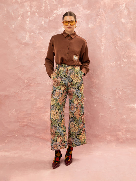 FLORAL JACQUARD PLEATED PANTS