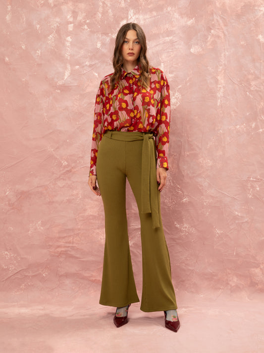 FLARED RIBBED PANTS - LIME