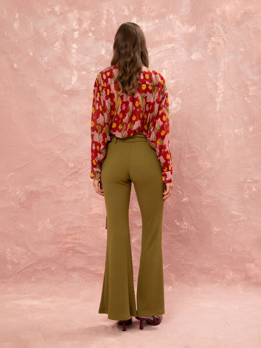 FLARED RIBBED PANTS - LIME