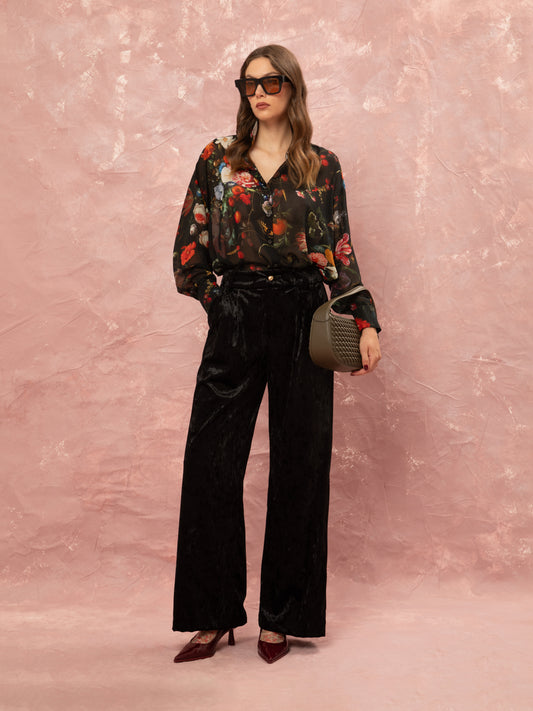 PLEATED VELVET CLASSIC PANTS - BLACK