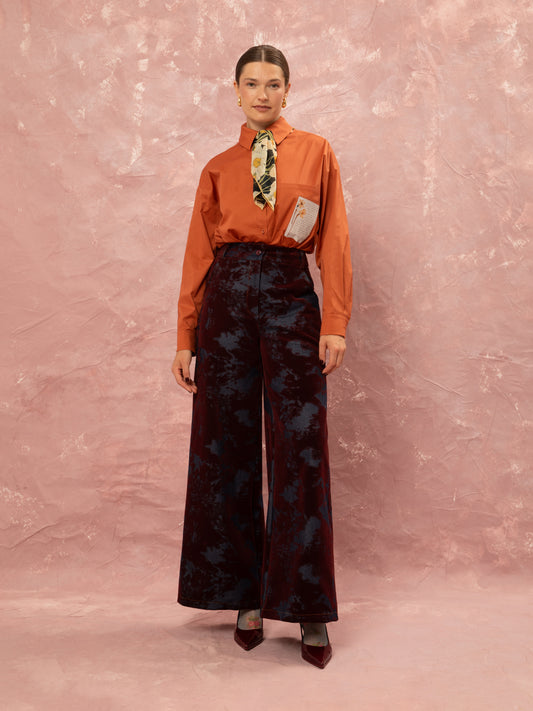 WIDE LEG DENIM/VELVET PANTS - BURGUNDY