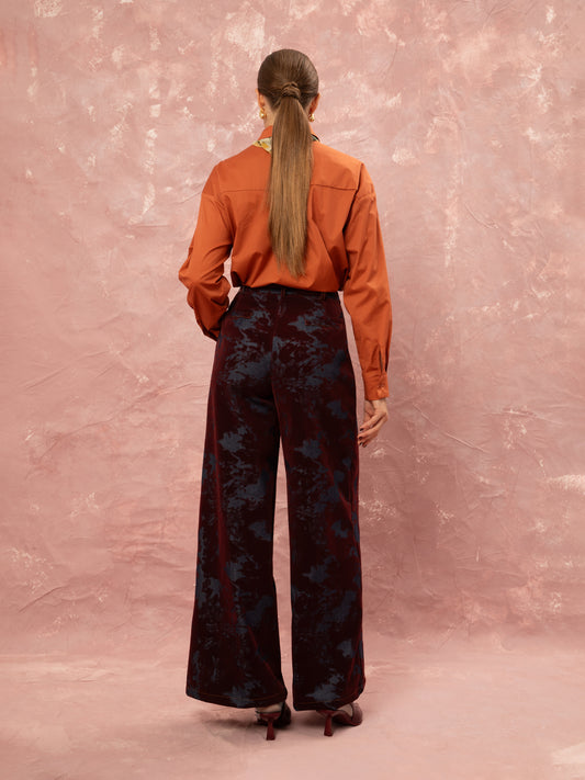WIDE LEG DENIM/VELVET PANTS - BURGUNDY
