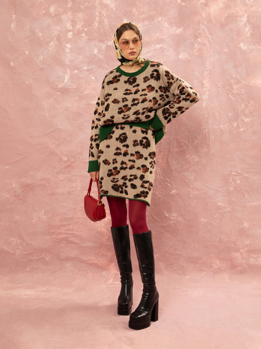 JACQUARD KNIT MINI SKIRT - LEOPARD