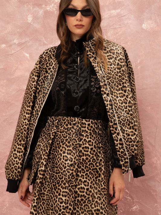 LEOPARD VEGAN-LEATHER BOMBER JACKET - BEIGE