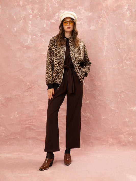 LEOPARD VEGAN-LEATHER BOMBER JACKET - BEIGE