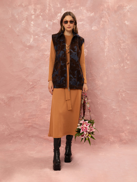 DENIM/VELVET LONG VEST - BROWN