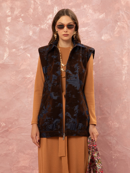DENIM/VELVET LONG VEST - BROWN