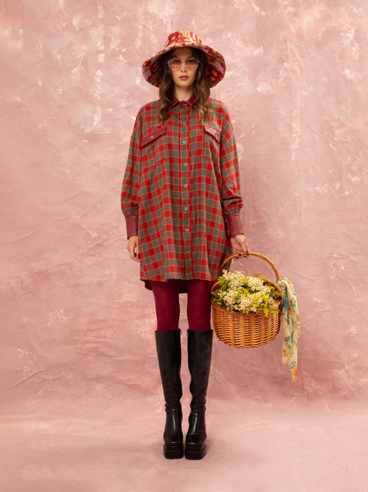 CHECKED MIDI SHIRT DRESS - RED