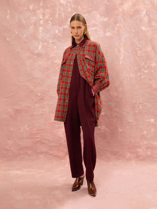 CHECKED MIDI SHIRT DRESS - RED