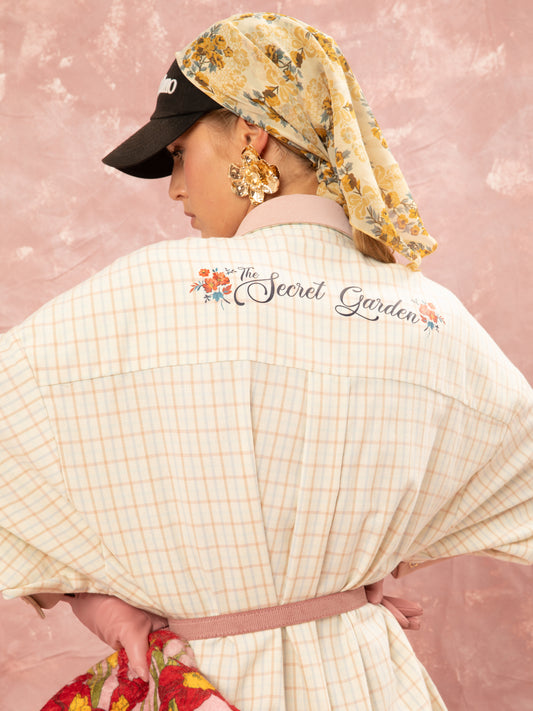 CHECKED MIDI SHIRT DRESS - OFF-WHITE