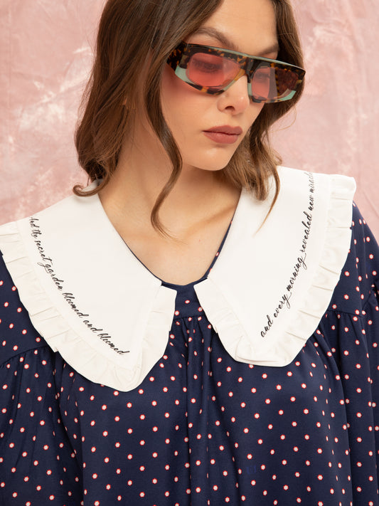 BIG COLLAR MINI DRESS - FLORAL DOT BLUE