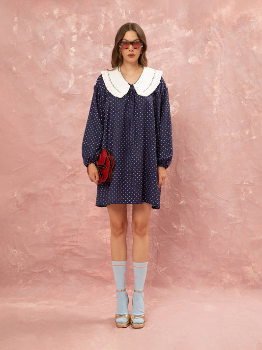 BIG COLLAR MINI DRESS - FLORAL DOT BLUE
