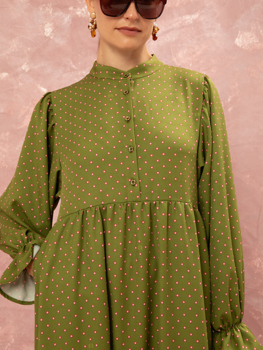 MAO COLLAR MAXI DRESS - FLORAL DOT LIME