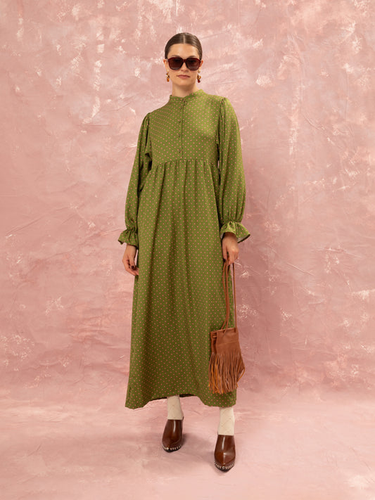 MAO COLLAR MAXI DRESS - FLORAL DOT LIME