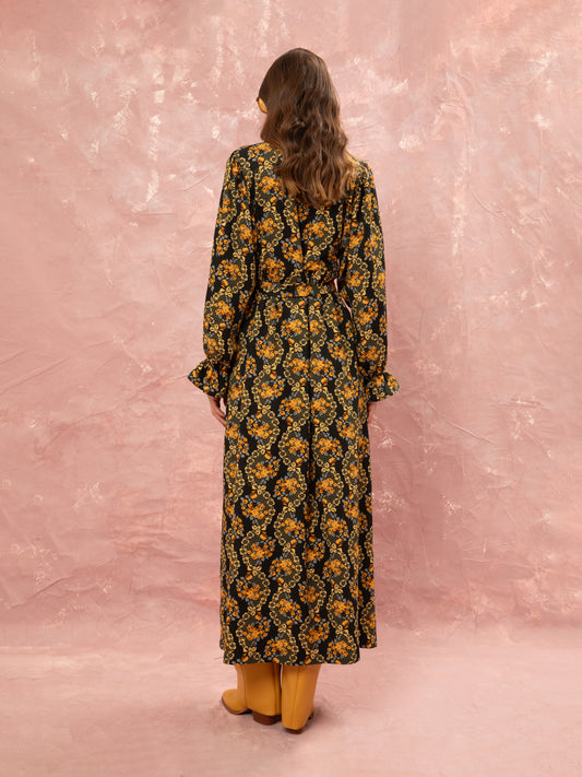 MAO COLLAR MAXI DRESS - LACE BOUQUET BLACK