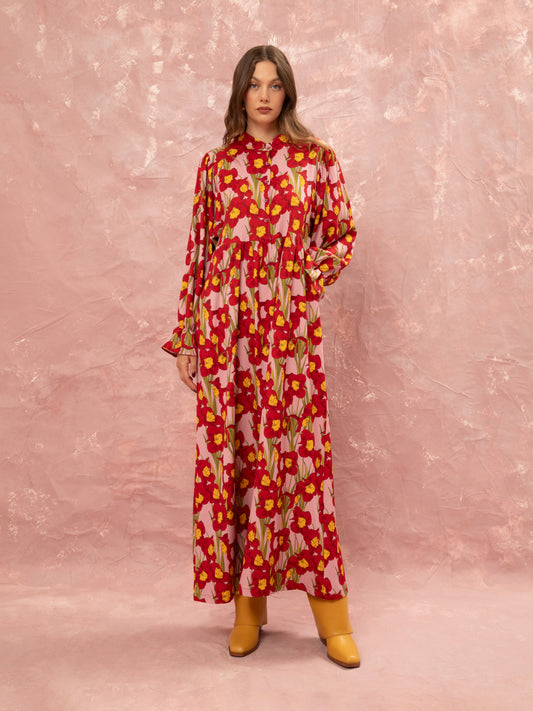 MAO COLLAR MAXI DRESS - NARCISSUS PINK