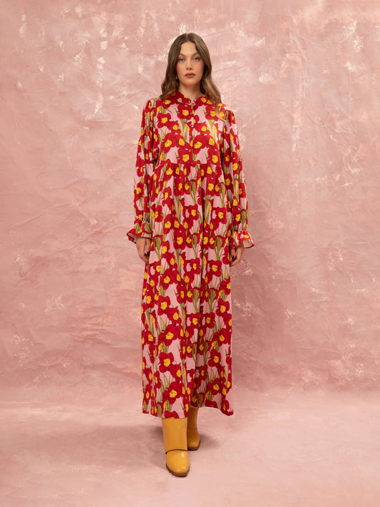 MAO COLLAR MAXI DRESS - NARCISSUS PINK