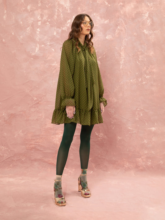 CHIFFON MINI DRESS - FLORAL DOT LIME