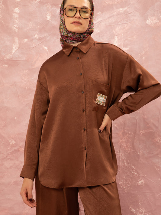 OVERSIZED SATIN SHIRT - BROWN