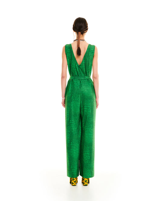 SLEEVELESS JERSEY JUMPSUIT - CROCO GREEN