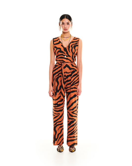 SLEEVELESS JERSEY JUMPSUIT - ZEBRA BROWN
