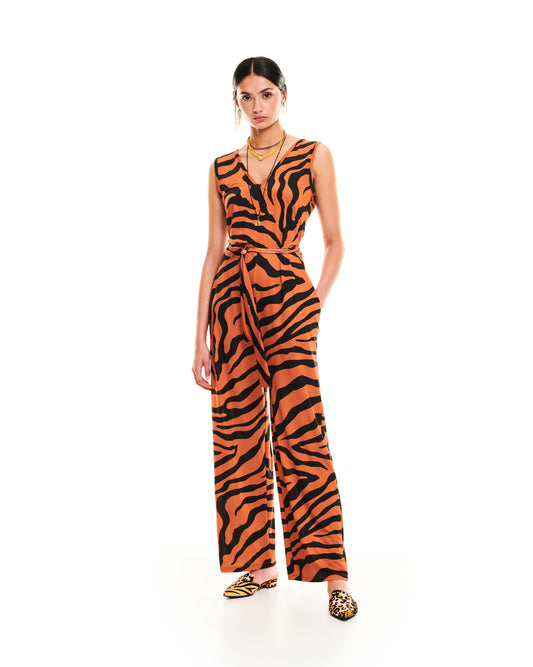 SLEEVELESS JERSEY JUMPSUIT - ZEBRA BROWN
