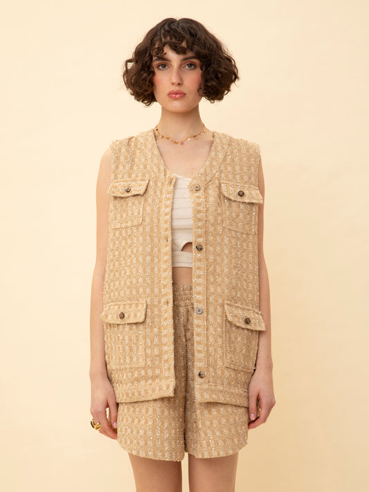 TWEED CARGO VEST BEIGE