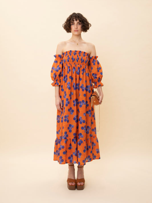 STRAPLESS SHIRRED TIERED DRESS BLUEBERRIES