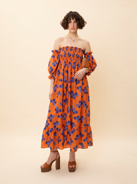 STRAPLESS SHIRRED TIERED DRESS BLUEBERRIES