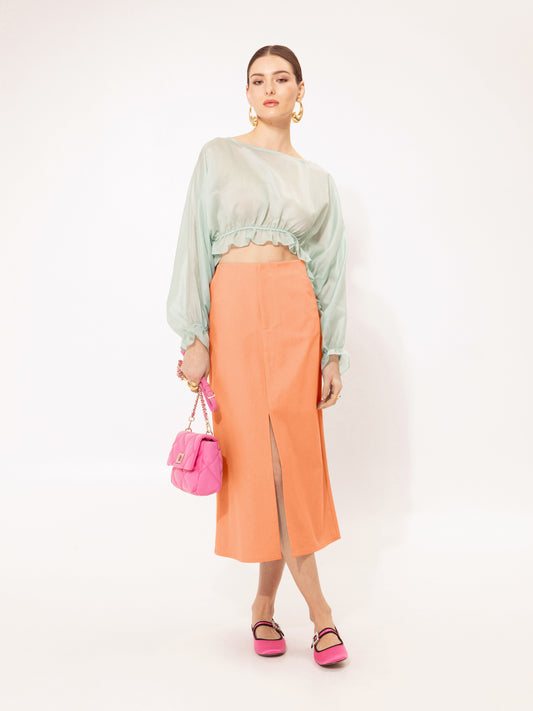A-LINE MIDI DENIM SKIRT PEACH
