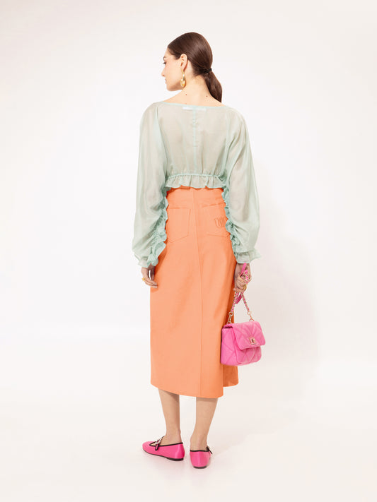 A-LINE MIDI DENIM SKIRT PEACH