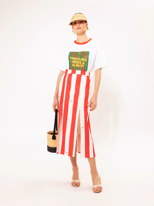 STRAIGHT-LINE MIDI SKIRT STRIPES RED