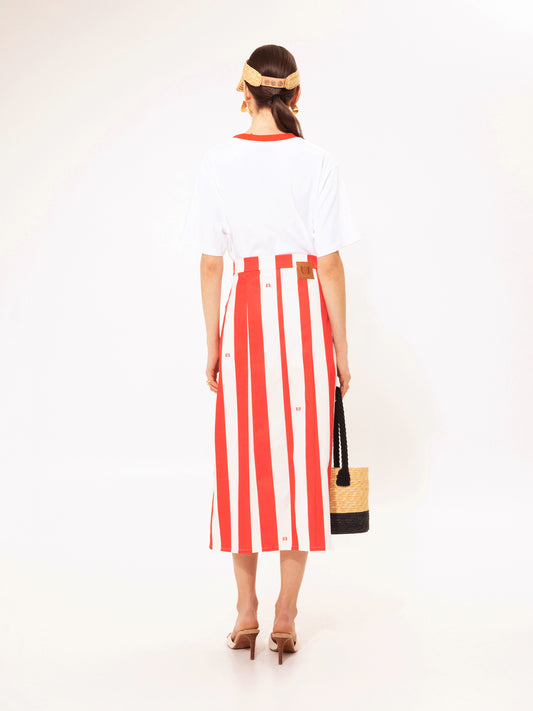 STRAIGHT-LINE MIDI SKIRT STRIPES RED