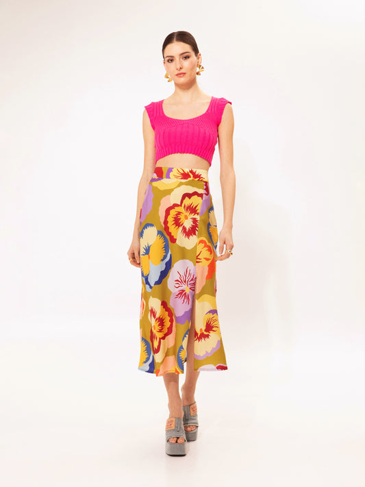 FRONT-SLIT MIDI SKIRT ORCHIDS