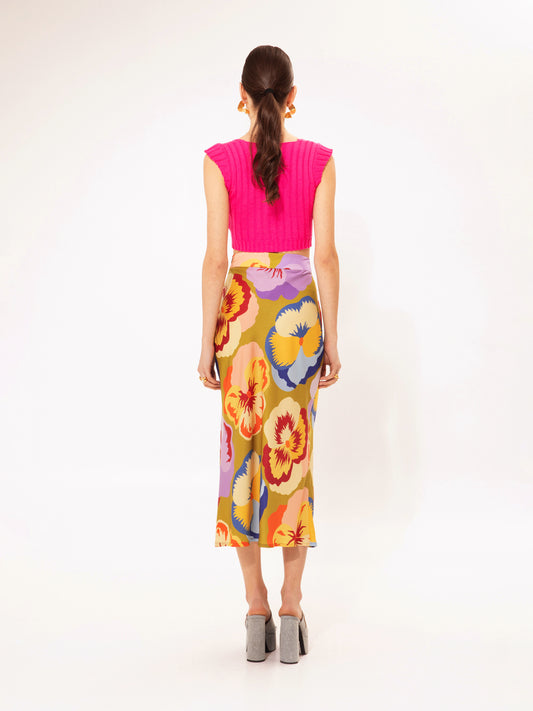 FRONT-SLIT MIDI SKIRT ORCHIDS
