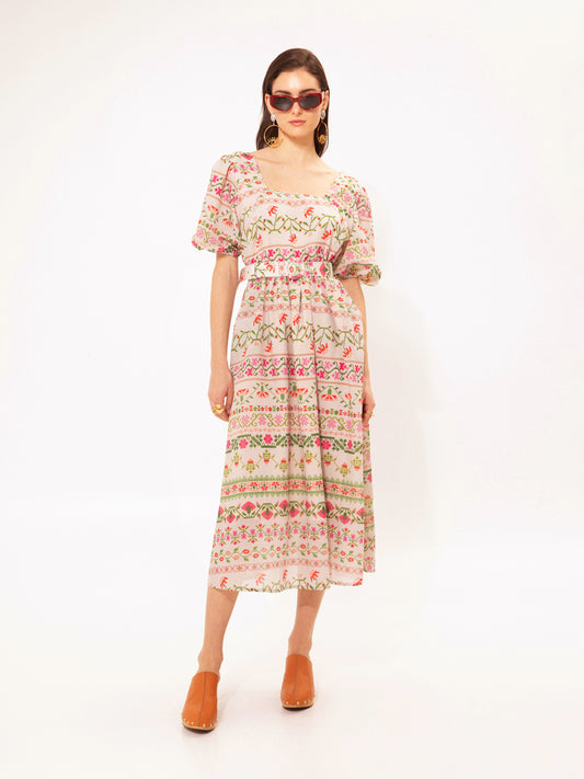 SQUARE-NECK MIDI DRESS FOLKLORE