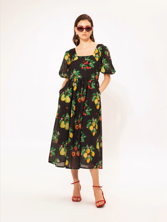 SQUARE-NECK MIDI DRESS FRUITS